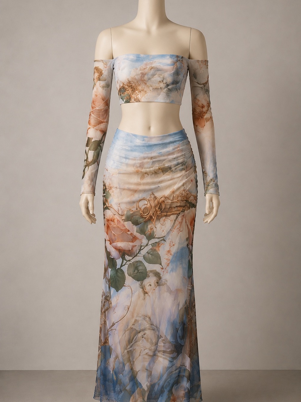Endless Moon Floral Pastel Maxi mesh Skirt set- Blue & Peach Cherub